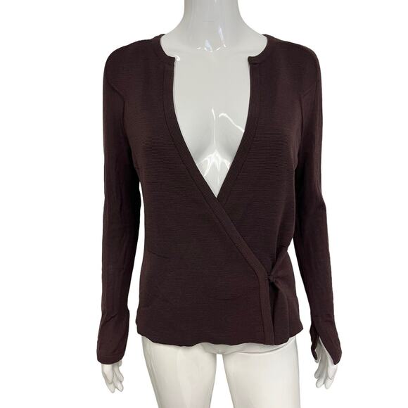 YVES SAINT LAURENT RIVE GAUCHE Burgundy Wool V-neck Long Sleeve Wrap Sweater M - Picture 1 of 4